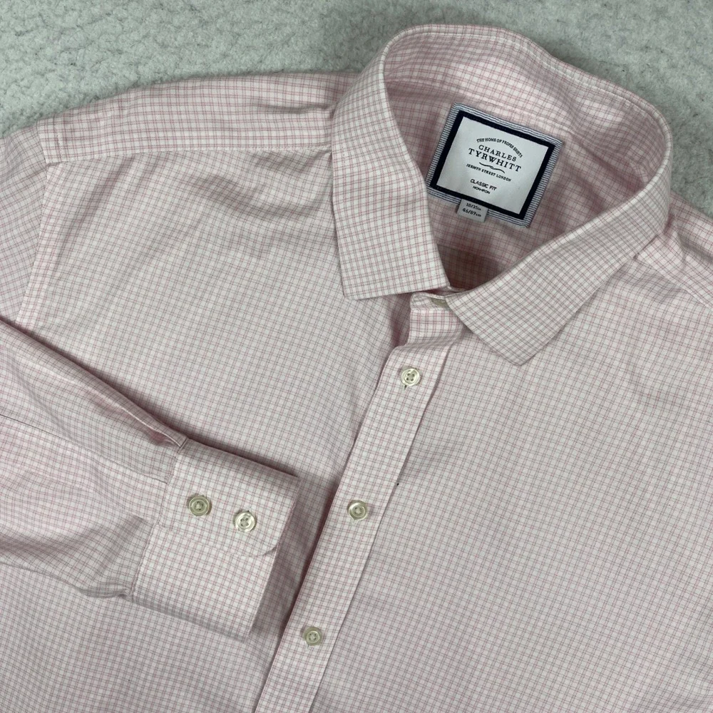 Charles Tyrwhitt Dress Shirt Mens 18/35‎ Pink Micro Check Non Iron Classic Fit